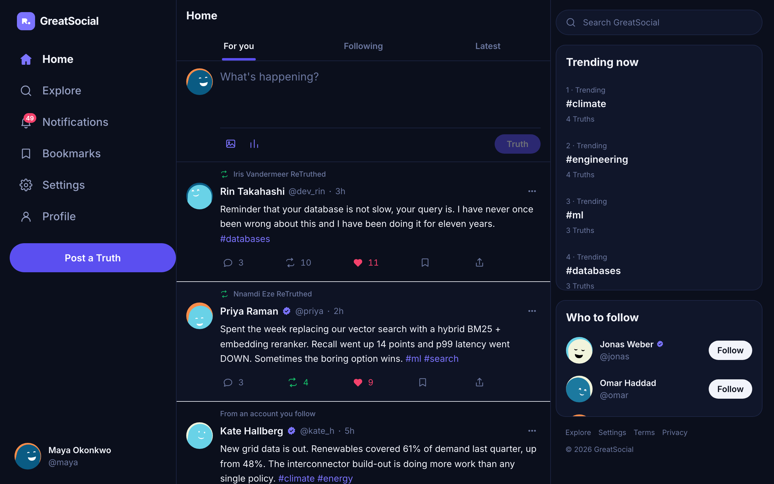 The GreatSocial web timeline, showing ranked Truths with the reason each one appeared.